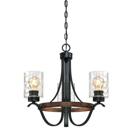 WESTINGHOUSE Chandelier 60W 3-Light Barnwell, Textured Iron Barnwood Clear Hammered Glass 6331800